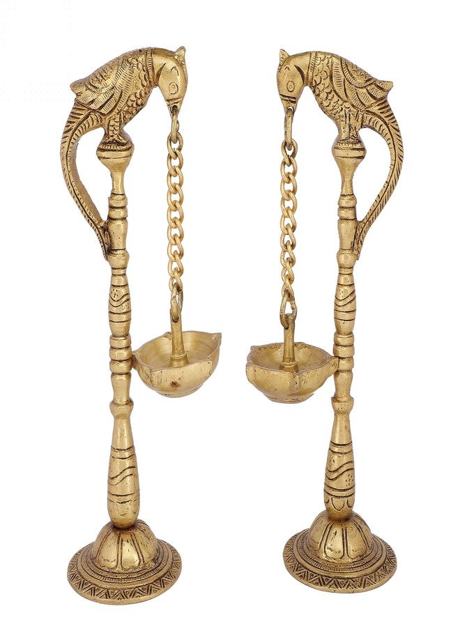 D Brasso Brass Pair of Hanging Diyas | Parrot Inspired Design Oil Lamps | Antique Finish Traditional Pooja Décor | Set of 2 - Image 1